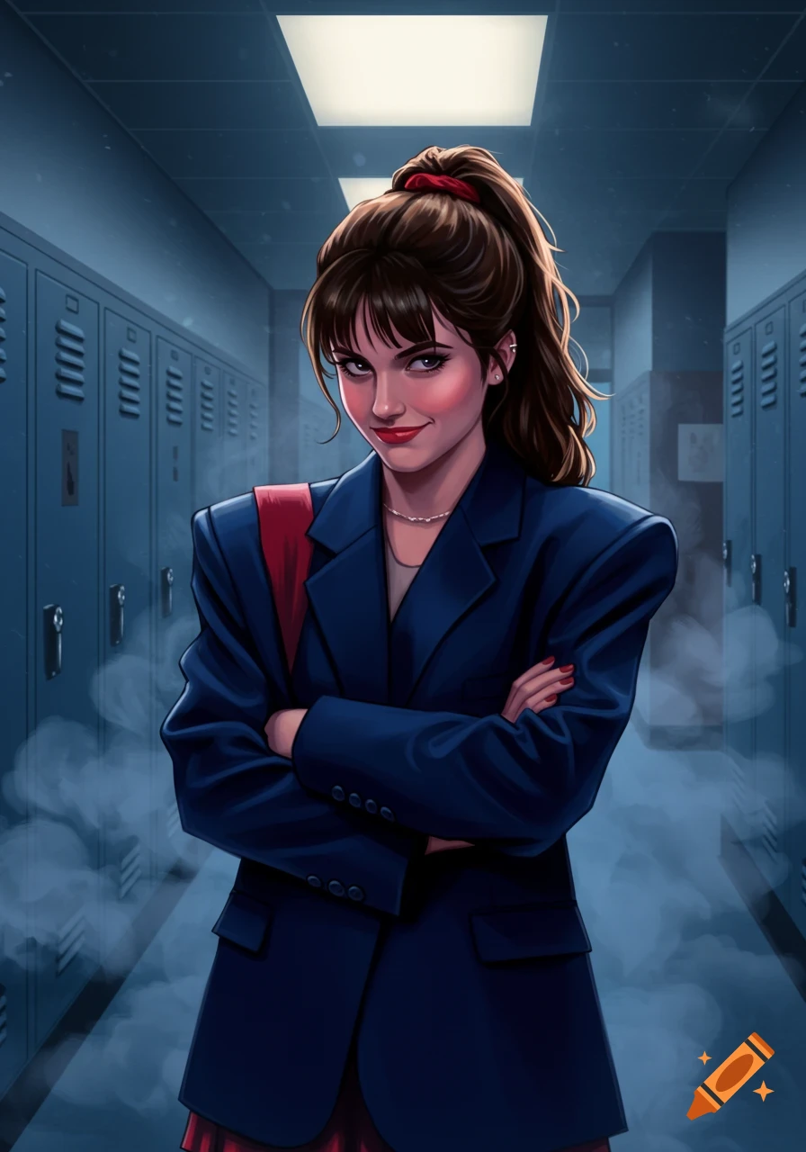 Stylized anime illustration of a smirking young woman with brown hair in a ponytail, wearing a blue blazer, standing in a school hallway with lockers.