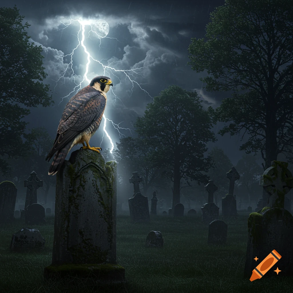 A photorealistic image of a falcon perched on a tombstone in a dark cemetery with lightning, full moon, and stormy sky.