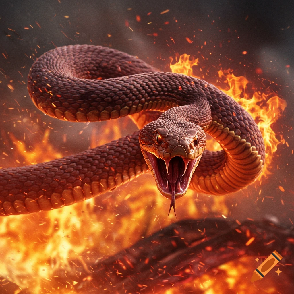 A highly detailed image of a snake with its mouth open, fangs bared, and tongue flicking, surrounded by flames and sparks.
