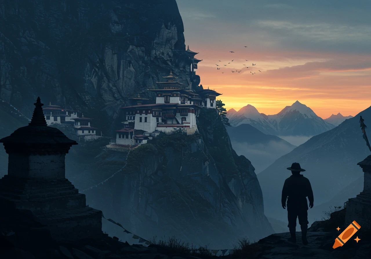 Silhouette of an explorer gazing at a distant Himalayan monastery on a mountain peak at sunset, surrounded by vast mountain ranges.