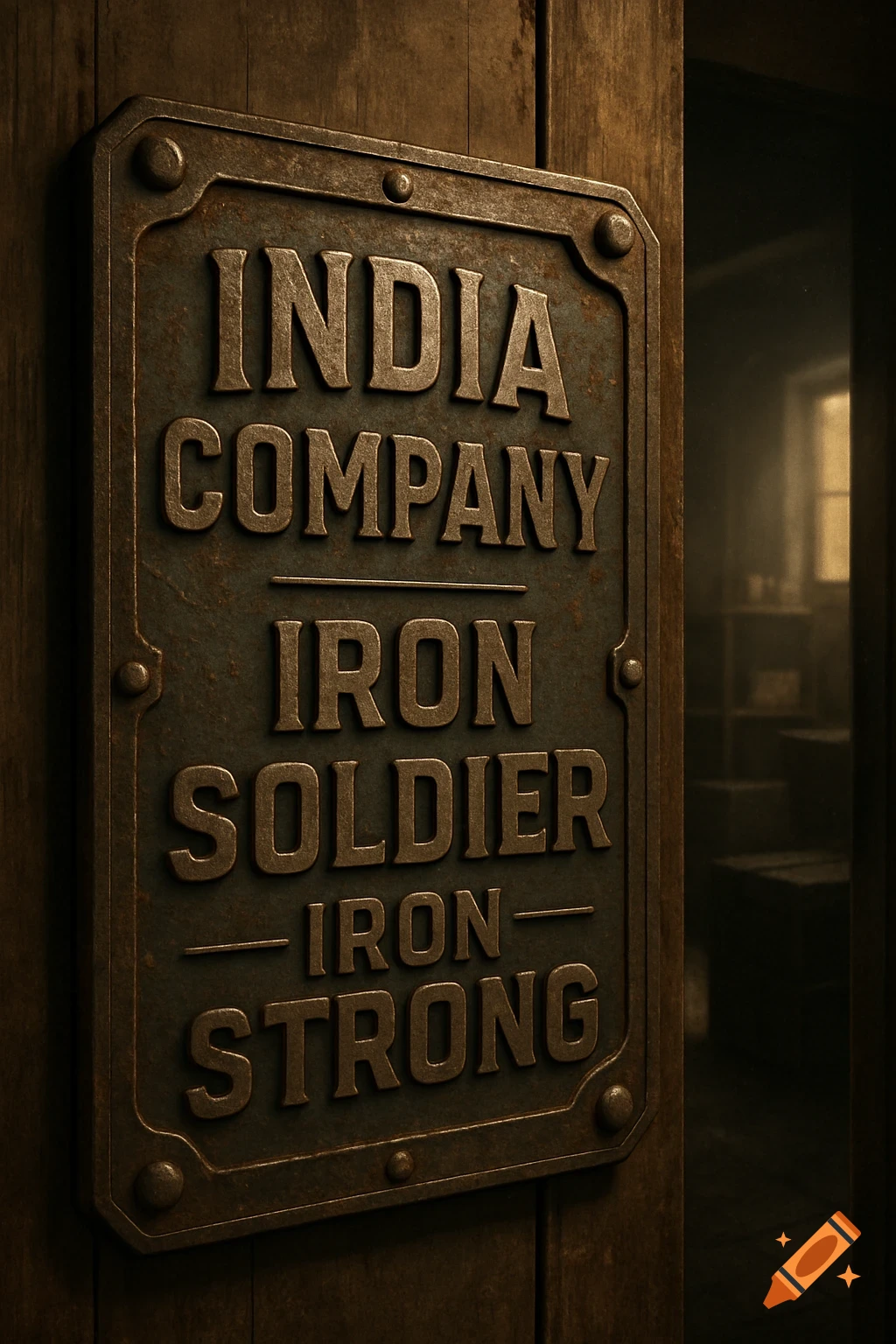 A close-up of a weathered, dark metal sign on a wooden surface, reading "INDIA COMPANY IRON SOLDIER IRON STRONG".