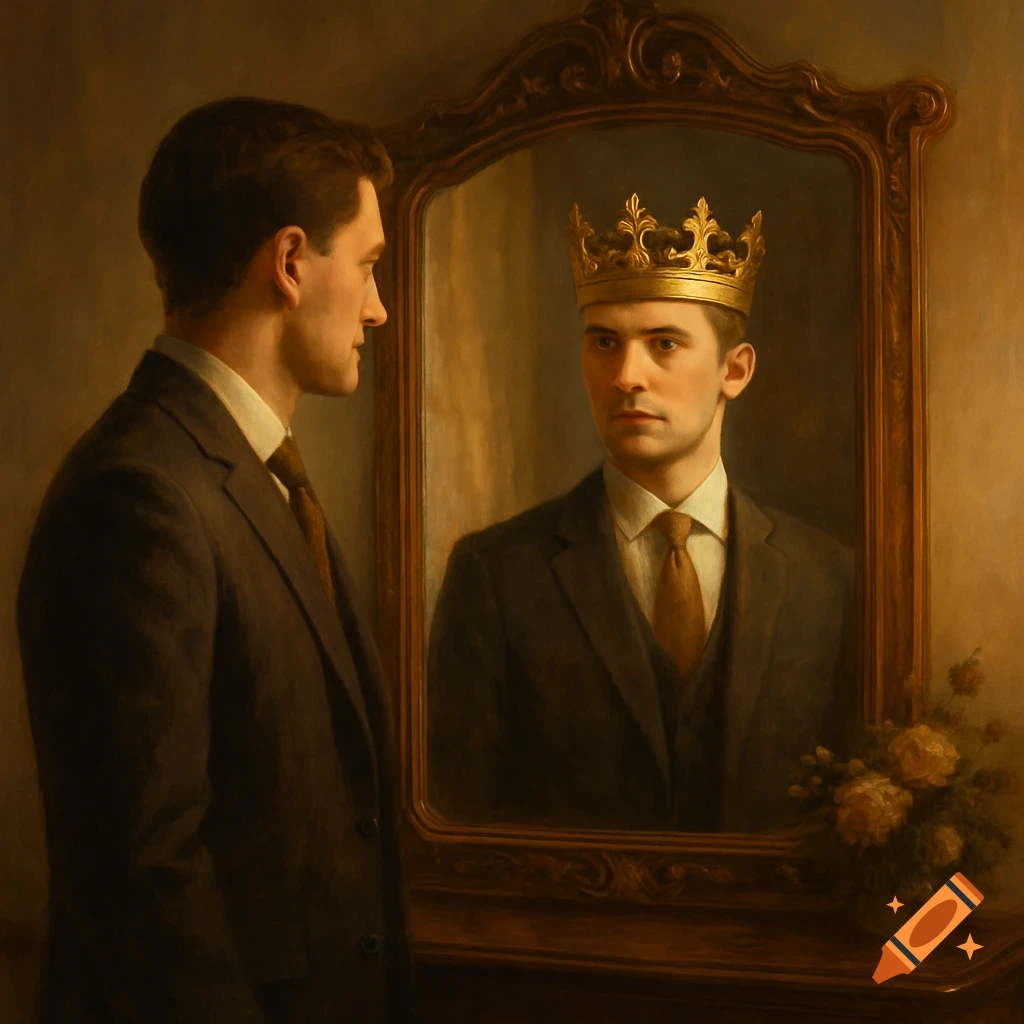 A man in a dark suit looks into an ornate mirror, his reflection wearing a golden crown, conveying self-worth.