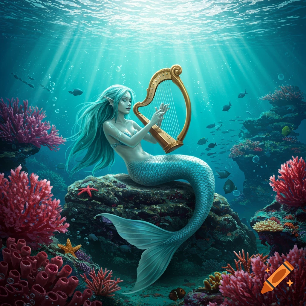 An illustration of a mermaid with long blue hair sitting on a rock underwater, playing a golden harp, surrounded by coral and fish.