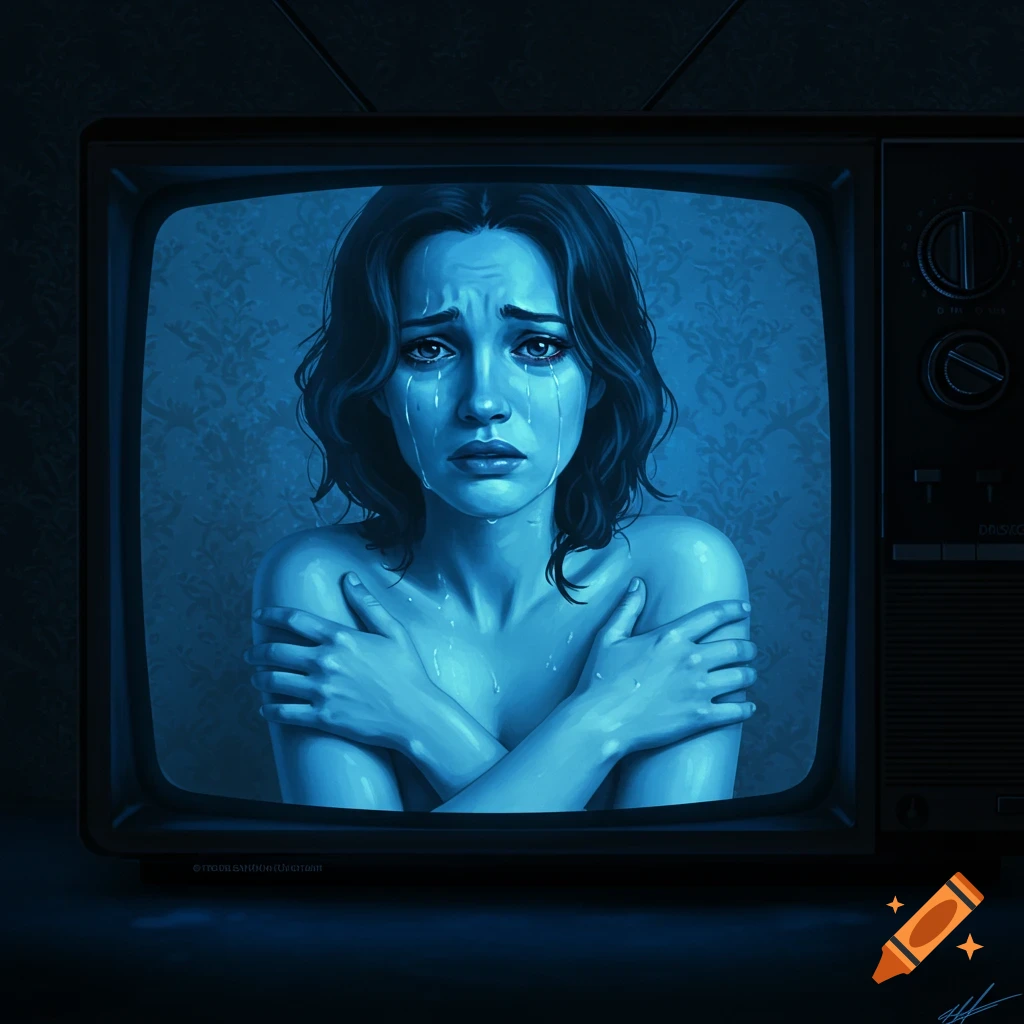 A distressed woman with tear-streaked blue skin, arms crossed, is shown on an old television screen.