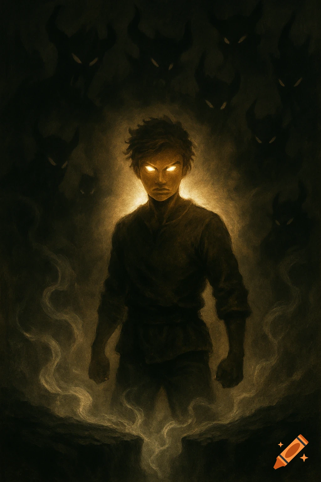 A dark fantasy digital painting of a young man with glowing golden eyes, surrounded by shadowy horned figures in a hazy, ominous environment.