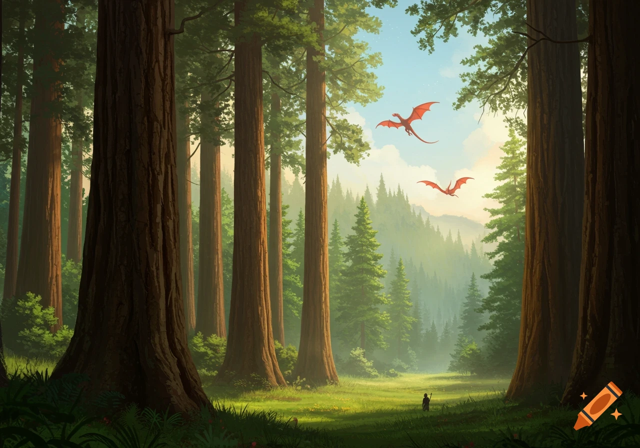 A person stands in a sunlit valley surrounded by tall redwood trees, with two red dragons flying in the distance.