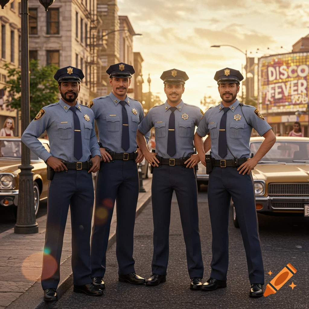 Four photorealistic male police officers in 1970s uniforms stand on a city street at sunset, with vintage cars and a 'Disco Fever' sign in the background.