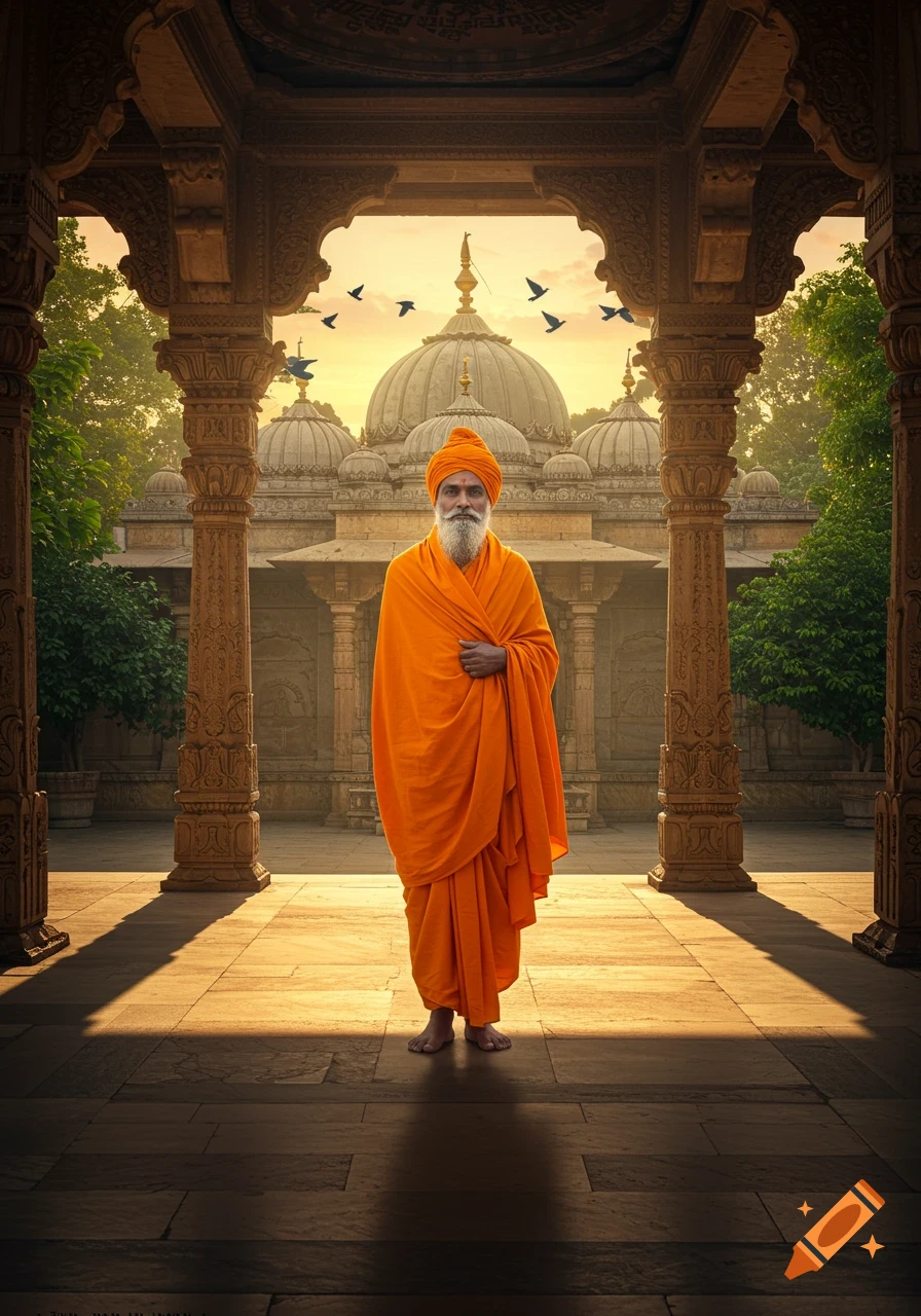 A bearded man in orange robes stands in the arched entrance of a sunlit stone temple with birds flying above its domes, photorealistic.