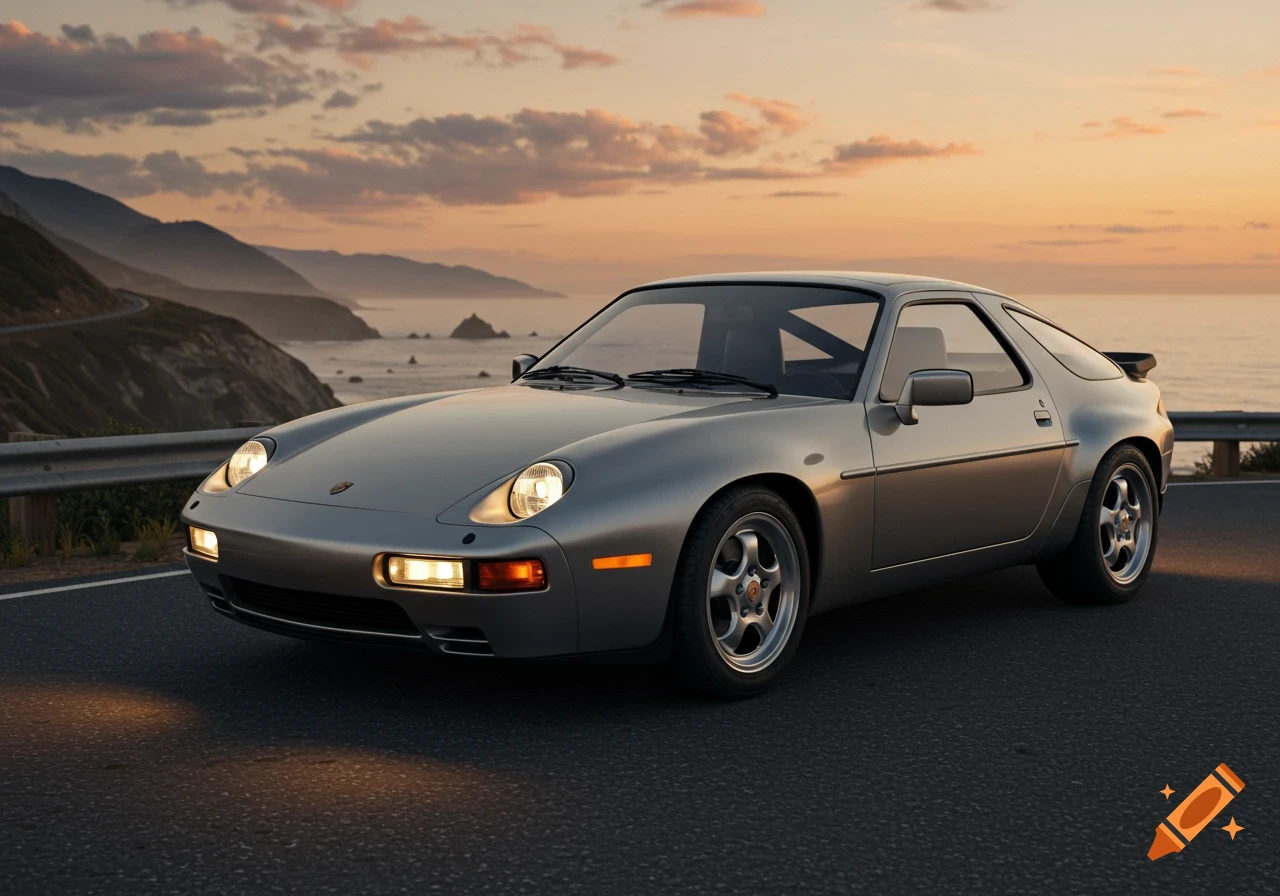 A silver Porsche 928 sports car is parked on a coastal road at sunset, with mountains and the ocean in the background.