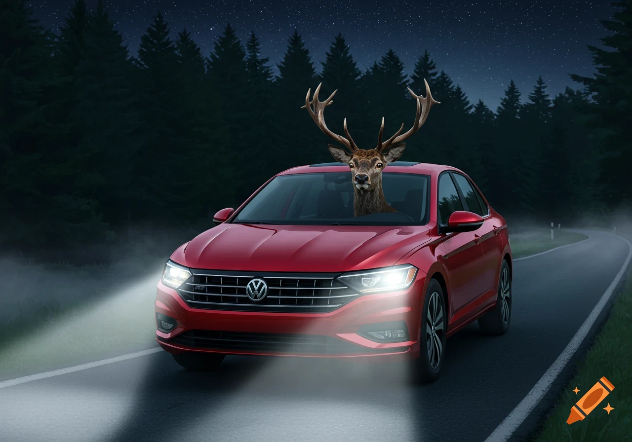 A photorealistic image of a deer with antlers driving a red Volkswagen Jetta at night on a winding forest road under a starry sky.