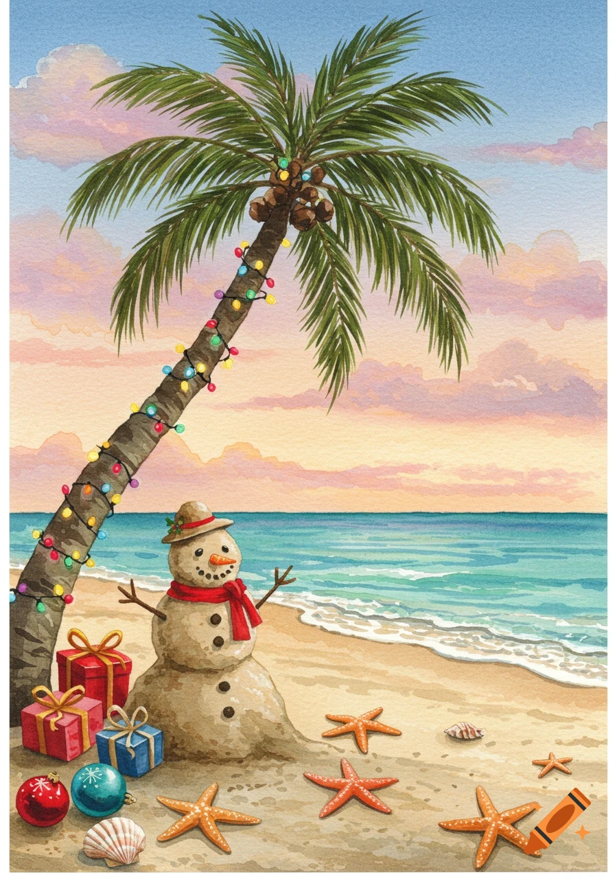 Watercolor of a snowman on a sandy beach with gifts, starfish, and a palm tree wrapped in Christmas lights at sunset.