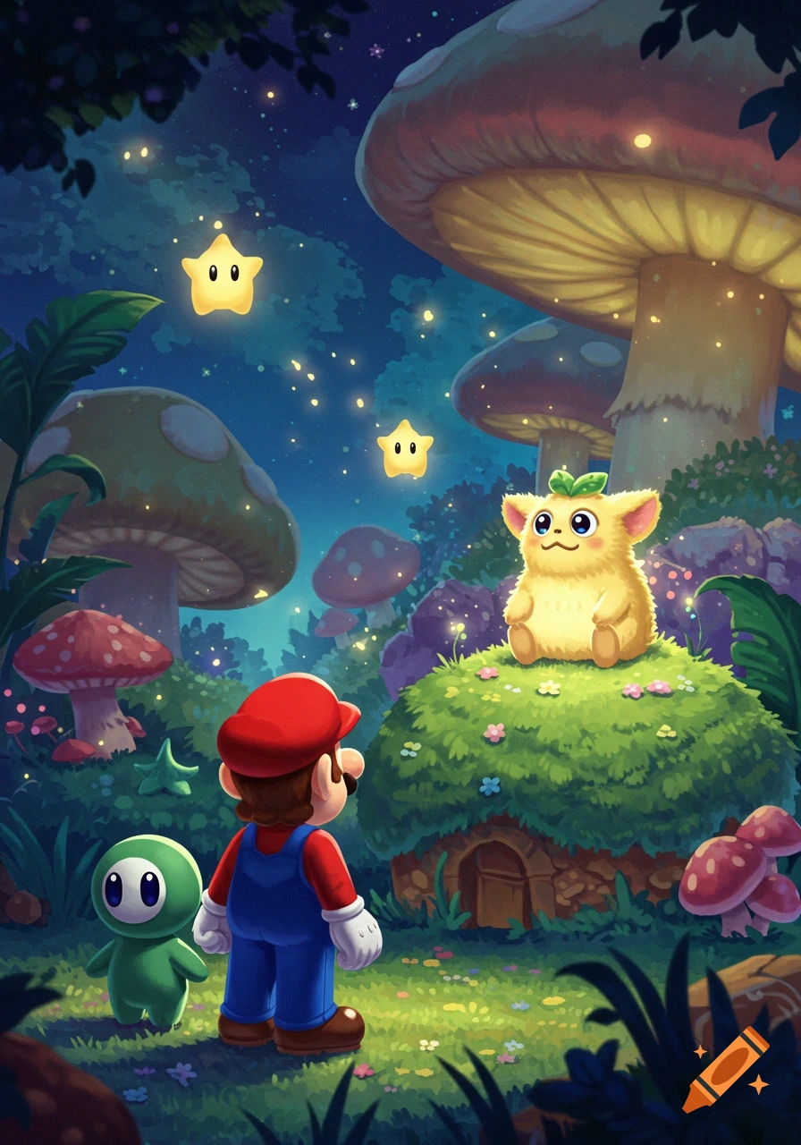 Mario and a green creature look at a yellow furry monster in a magical mushroom forest at night with glowing stars.