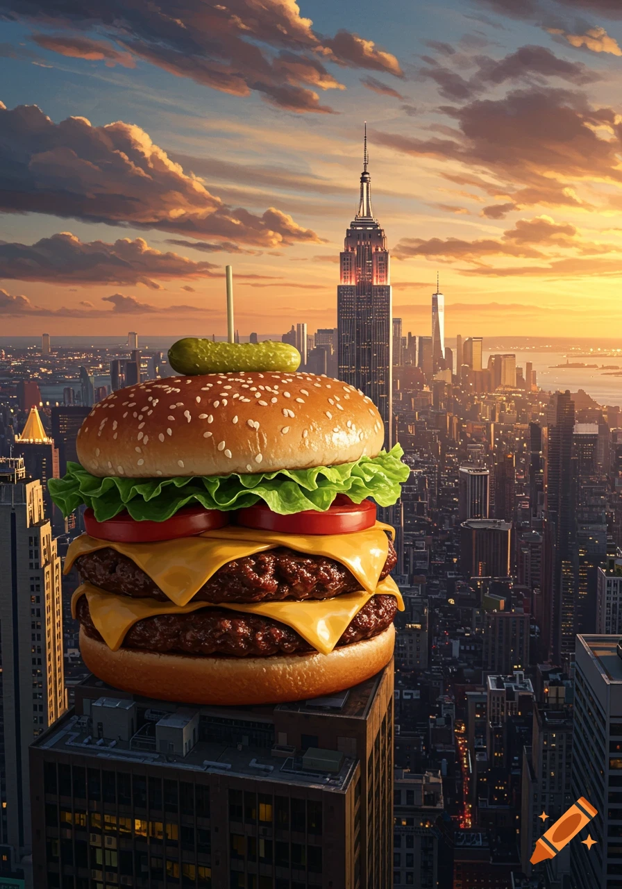 A photorealistic giant double cheeseburger sits atop a skyscraper, overlooking the New York City skyline with the Empire State Building at sunset.