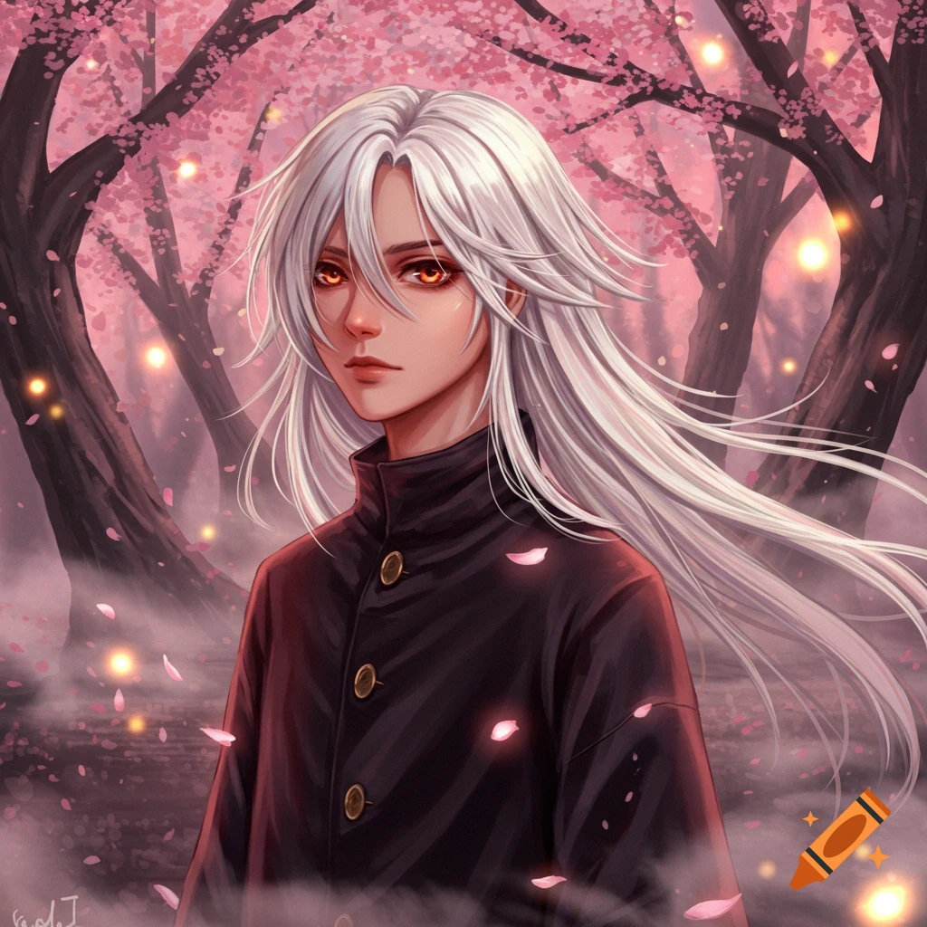 An anime boy with long white hair and fiery orange eyes stands in a misty cherry blossom forest with glowing pink petals.