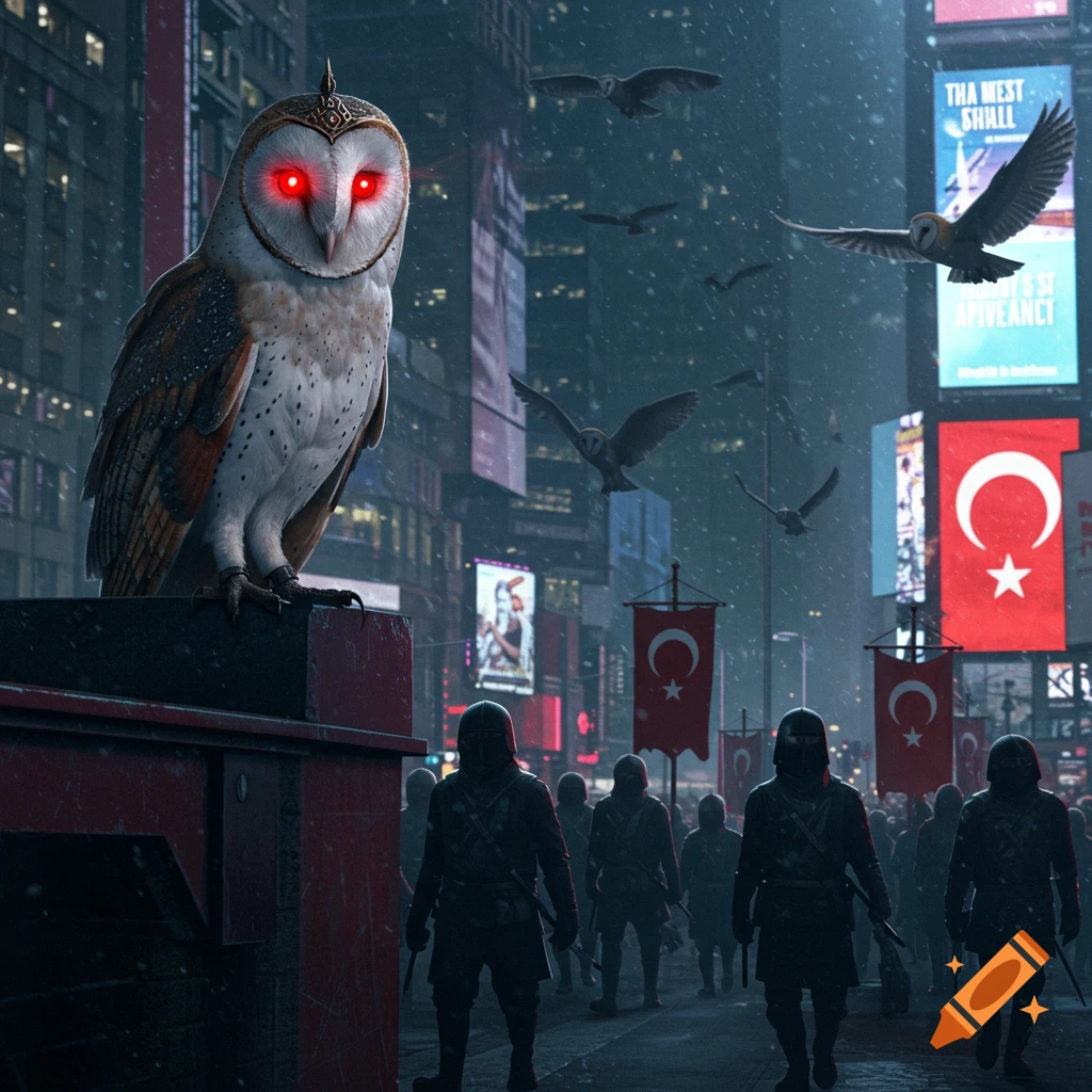 A large barn owl with glowing red eyes and a helmet stands on a ledge in a snowy, dark Times Square, overlooking marching helmeted figures and flying owls, with Turkish flags visible.