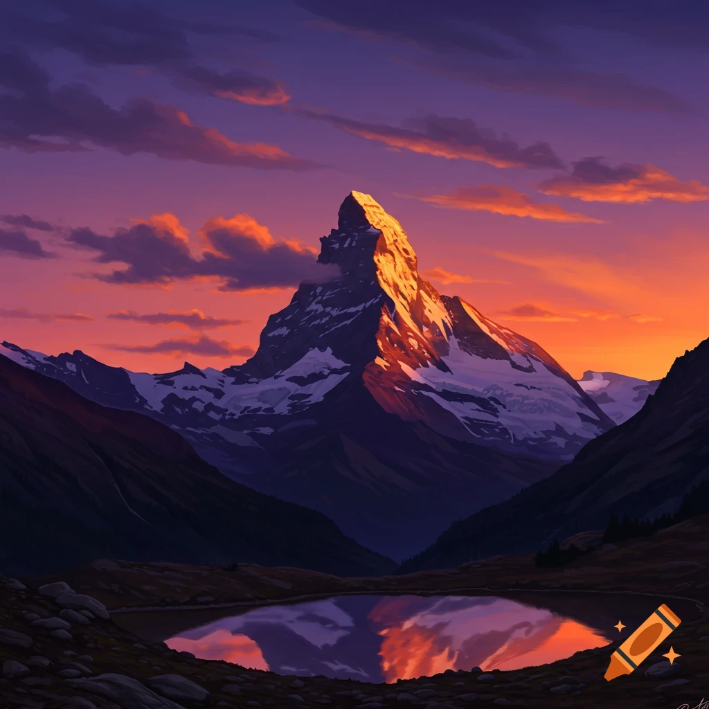A majestic mountain peak illuminated by the golden light of a vibrant sunset, reflected in a still lake.