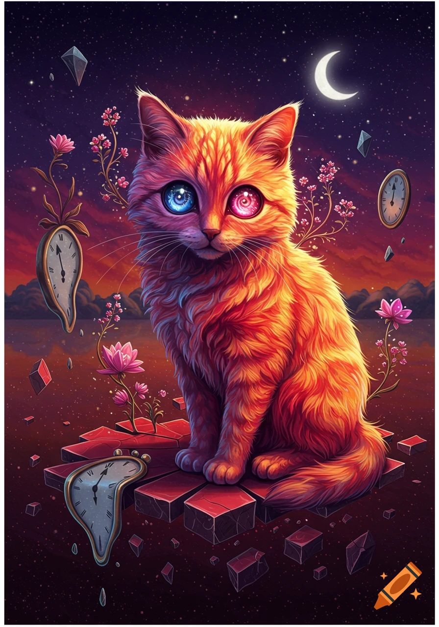A vibrant, stylized cat with colorful eyes sits on floating blocks with melting clocks, flowers, and stars in a surreal landscape.