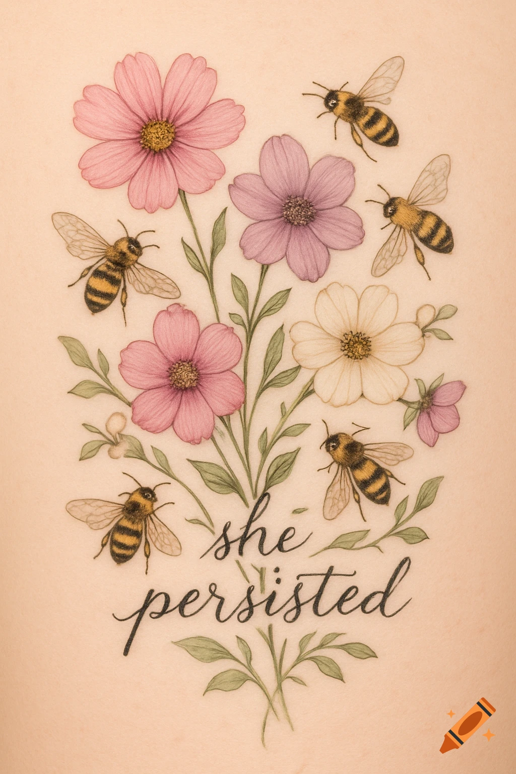 A detailed illustration of pink, purple, and white cosmos flowers with bees, and the text 'she persisted' in script.