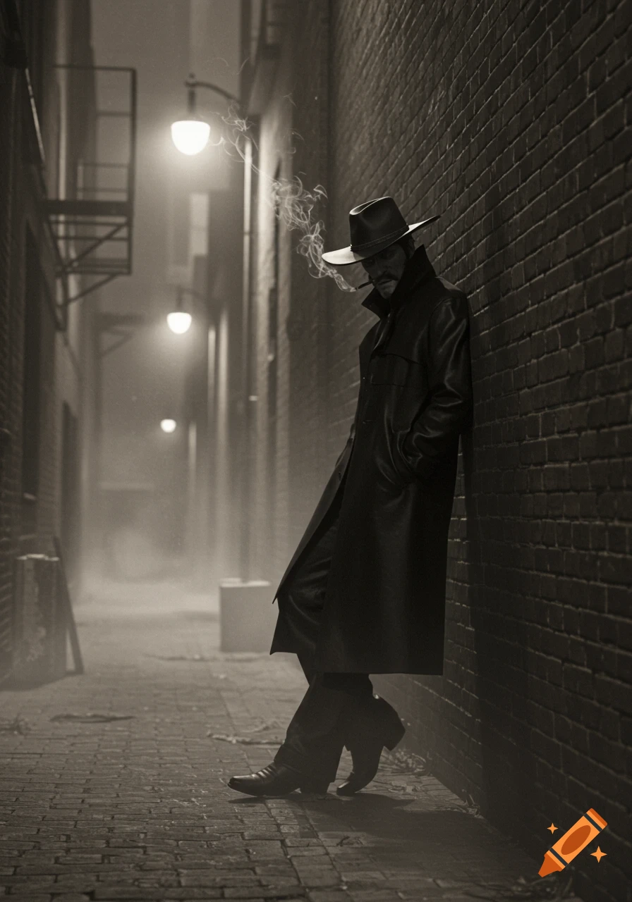 A man in a trench coat and cowboy hat smokes a pipe, leaning against a brick wall in a foggy, dark alley.