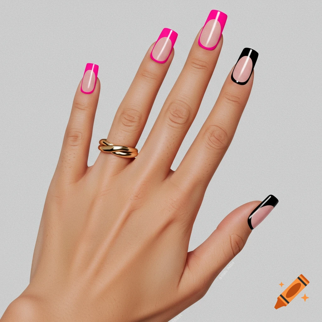 A hand adorned with alternating pink and black square French tip nails, wearing a gold ring.