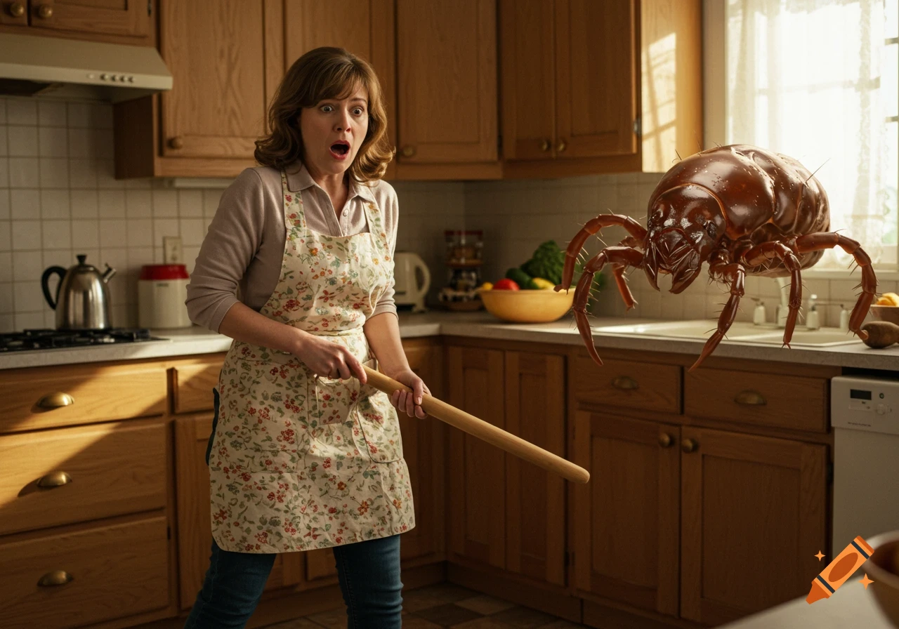 A horrified woman in an apron holds a rolling pin, facing a giant brown mite on a kitchen counter, in a photorealistic style.