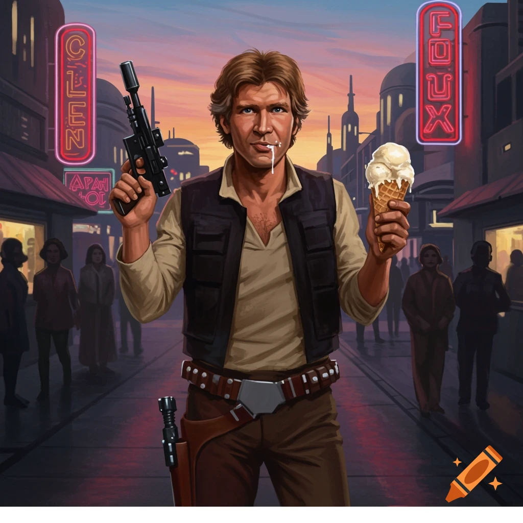 Han Solo holds a blaster in one hand and an ice cream cone in the other, with melted ice cream dripping from his chin, on a busy alien street at sunset.