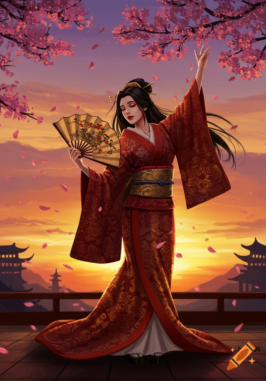 A geisha in a red kimono with a fan dances under cherry blossoms at sunset, with traditional Japanese buildings. Digital illustration.