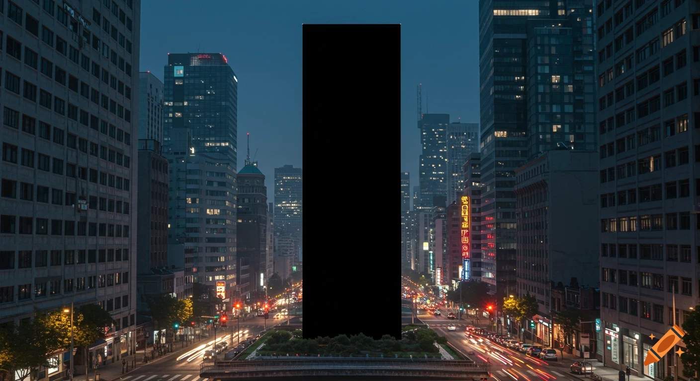 A massive, perfectly black, featureless monolith stands in the middle of a busy city street at dusk, surrounded by illuminated buildings and streaks of car lights.