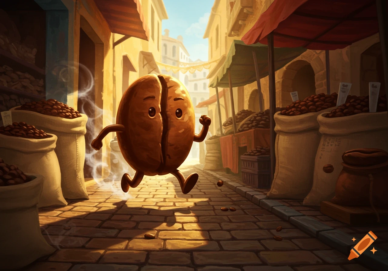 A cartoon coffee bean with arms and legs runs through a bustling market street filled with sacks of coffee beans.