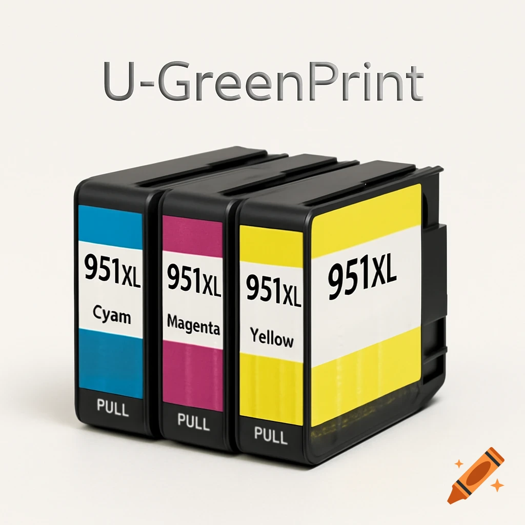 Three black ink cartridges, cyan, magenta, and yellow, labeled 951XL, on a white background with 'U-GreenPrint' text above.