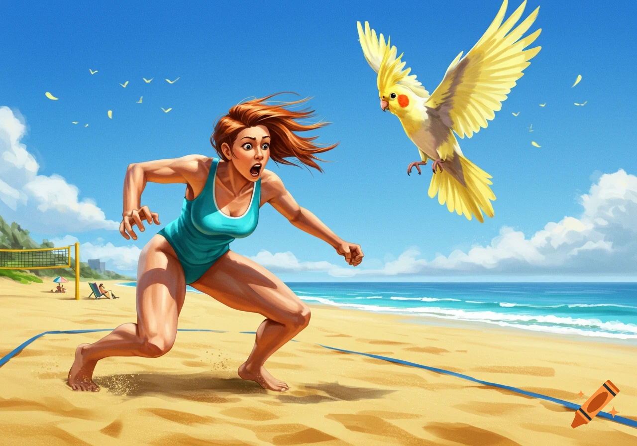 An illustrated woman in a blue swimsuit startled by a yellow cockatiel flying over a beach volleyball court.