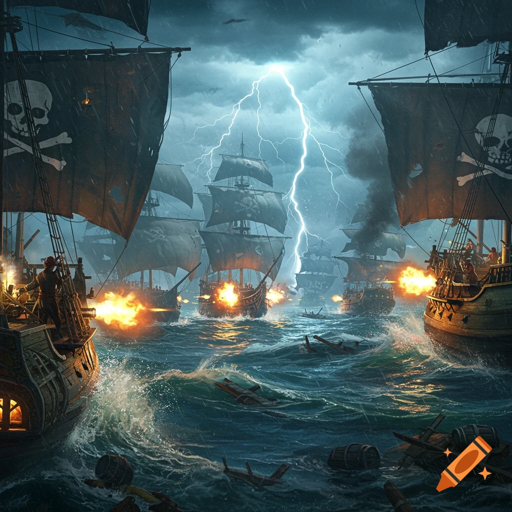 Pirate ships fire cannons in a stormy sea battle with lightning striking in the background.
