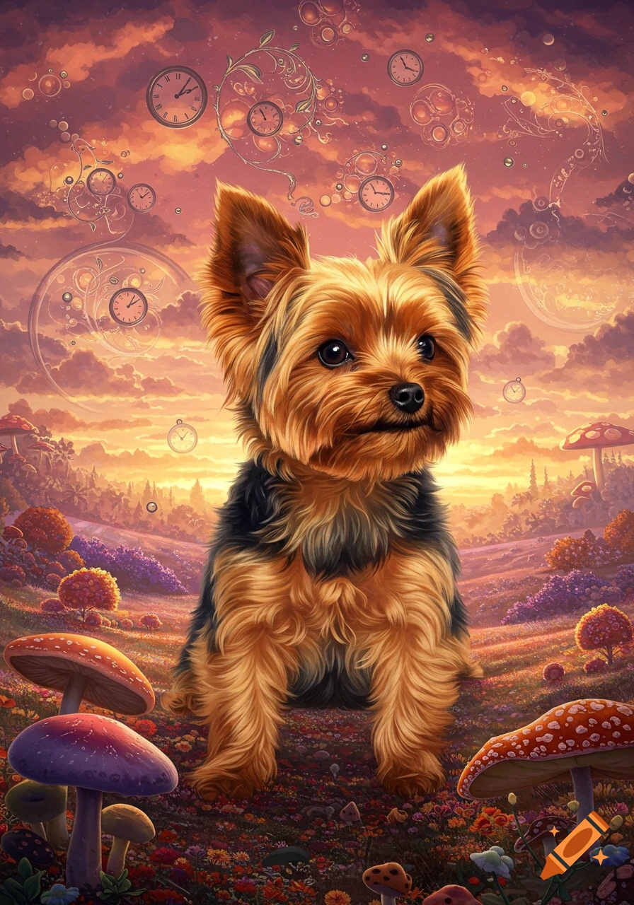 A cute Yorkshire Terrier sits in a colorful, whimsical landscape with large mushrooms and floating clocks in a surreal, painted style.
