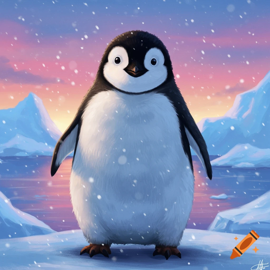 A cute, pudgy baby penguin stands in the snow against a vibrant pink and orange sunset sky with icy mountains.