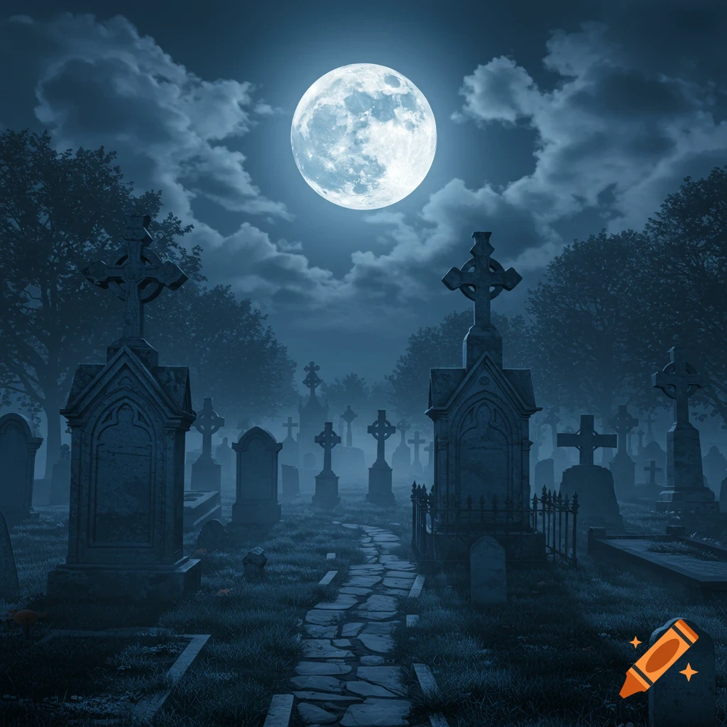 A moonlit cemetery at night with numerous gravestones, crosses, and a winding stone path leading into a misty background.