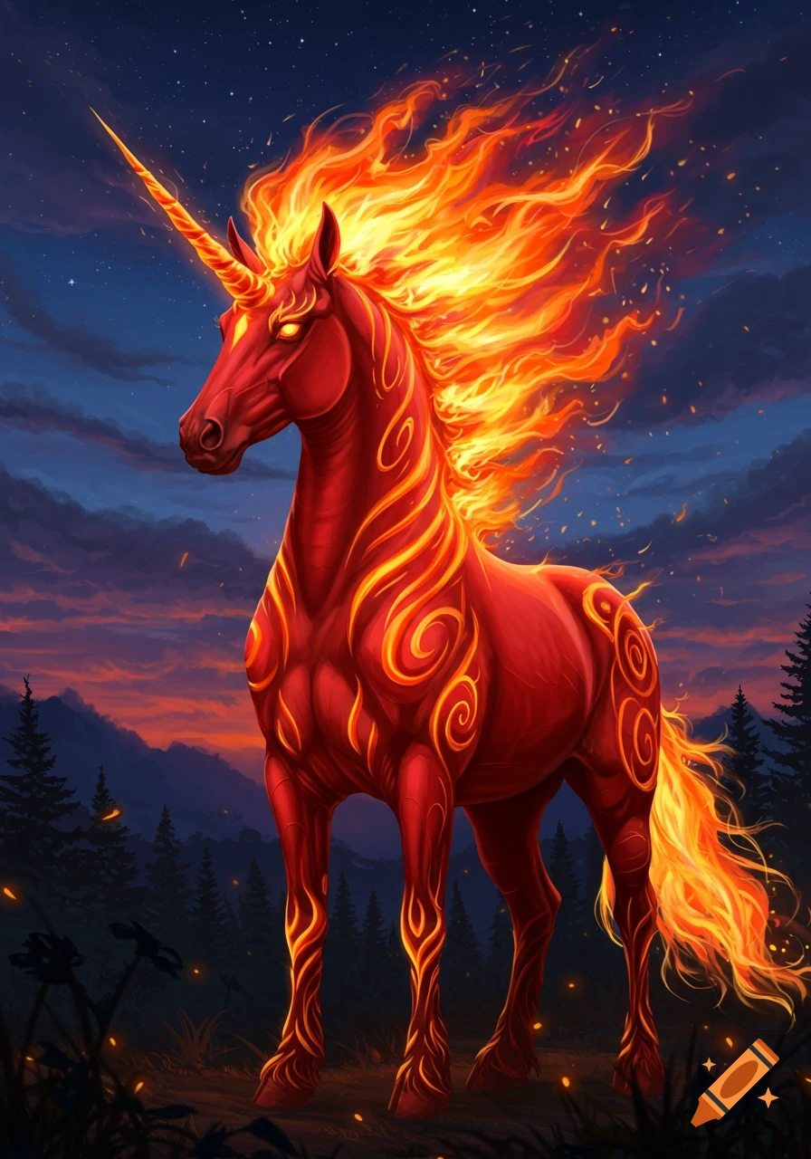 A vibrant red unicorn with a flaming orange mane and glowing designs stands in a dark, starry forest.