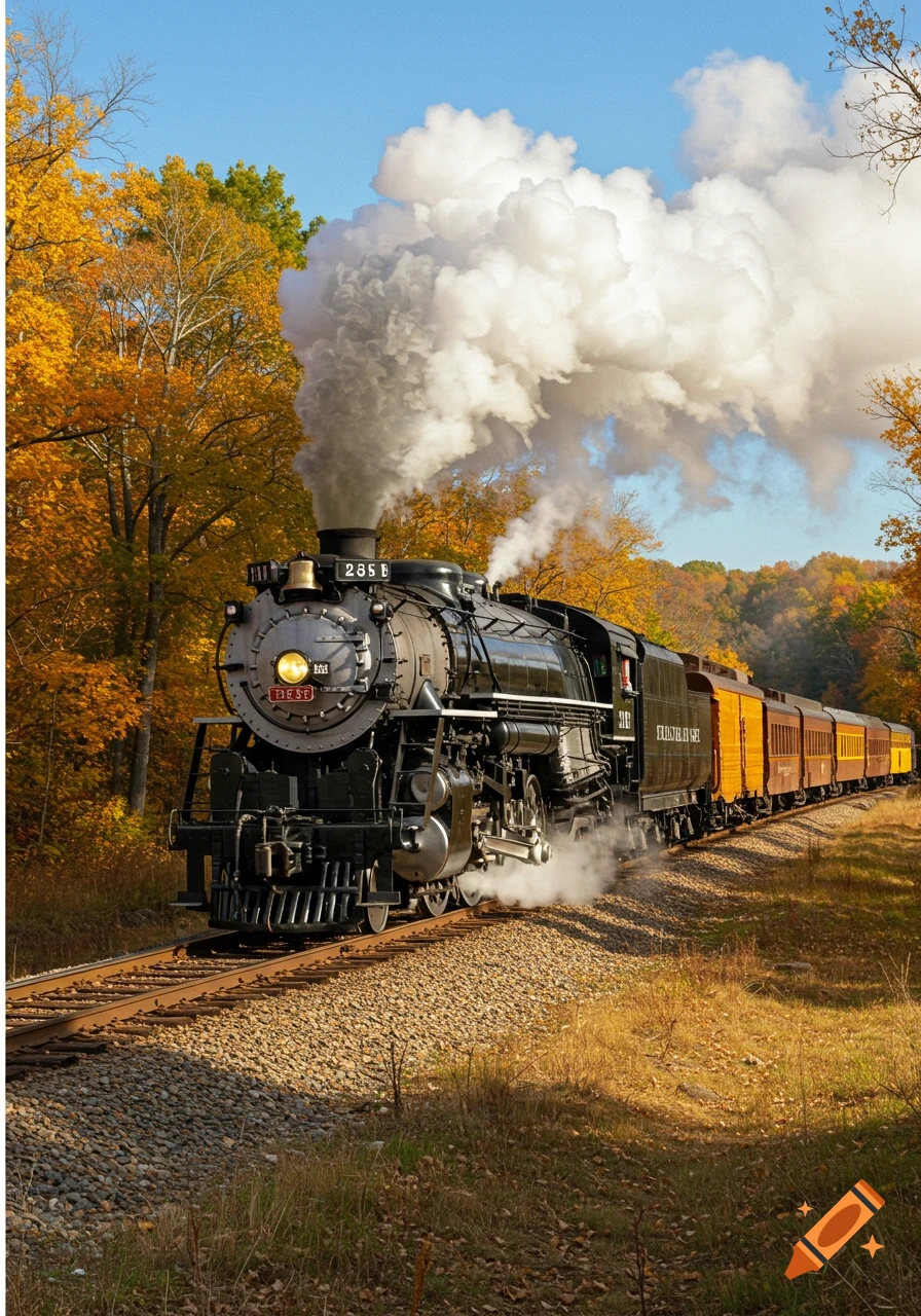 A vintage black steam locomotive with yellow passenger cars travels through a forest of vibrant autumn trees under a clear blue sky.