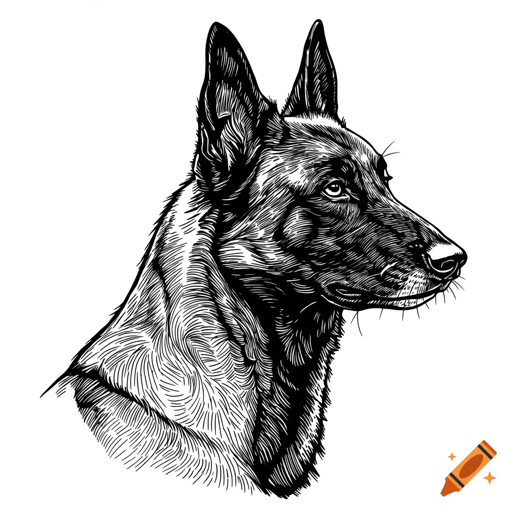 Black and white engraving-style illustration of a Belgian Malinois dog's head and upper body in profile.
