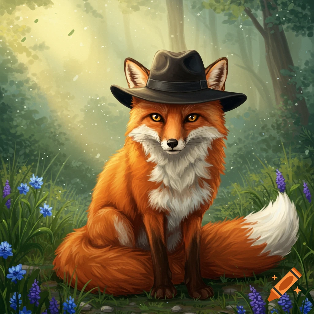 A red fox wearing a black fedora sits in a sunlit forest with purple and blue flowers, digital painting.