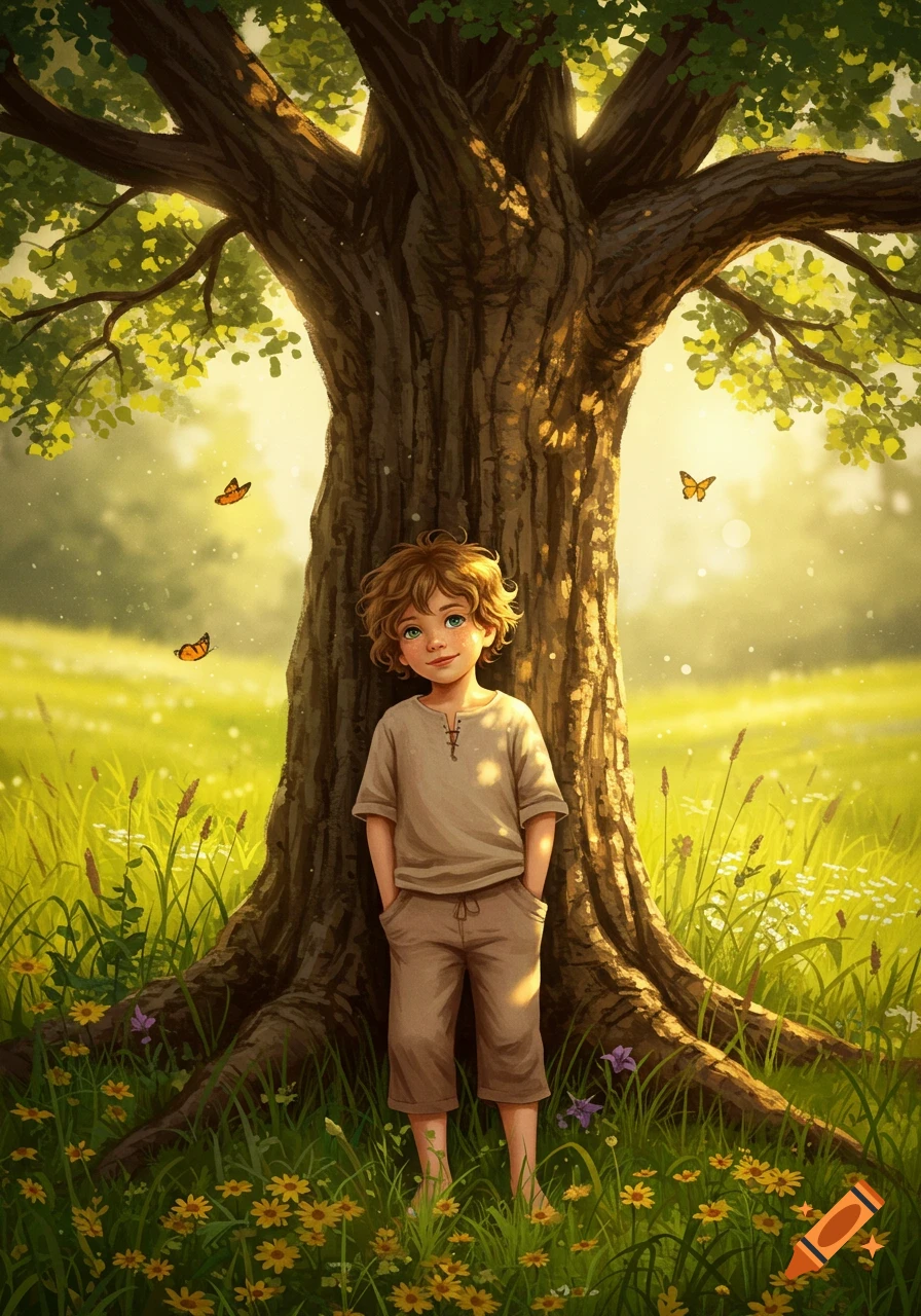 A young boy with curly hair stands barefoot against a large tree in a sunny, grassy field with yellow flowers and butterflies.