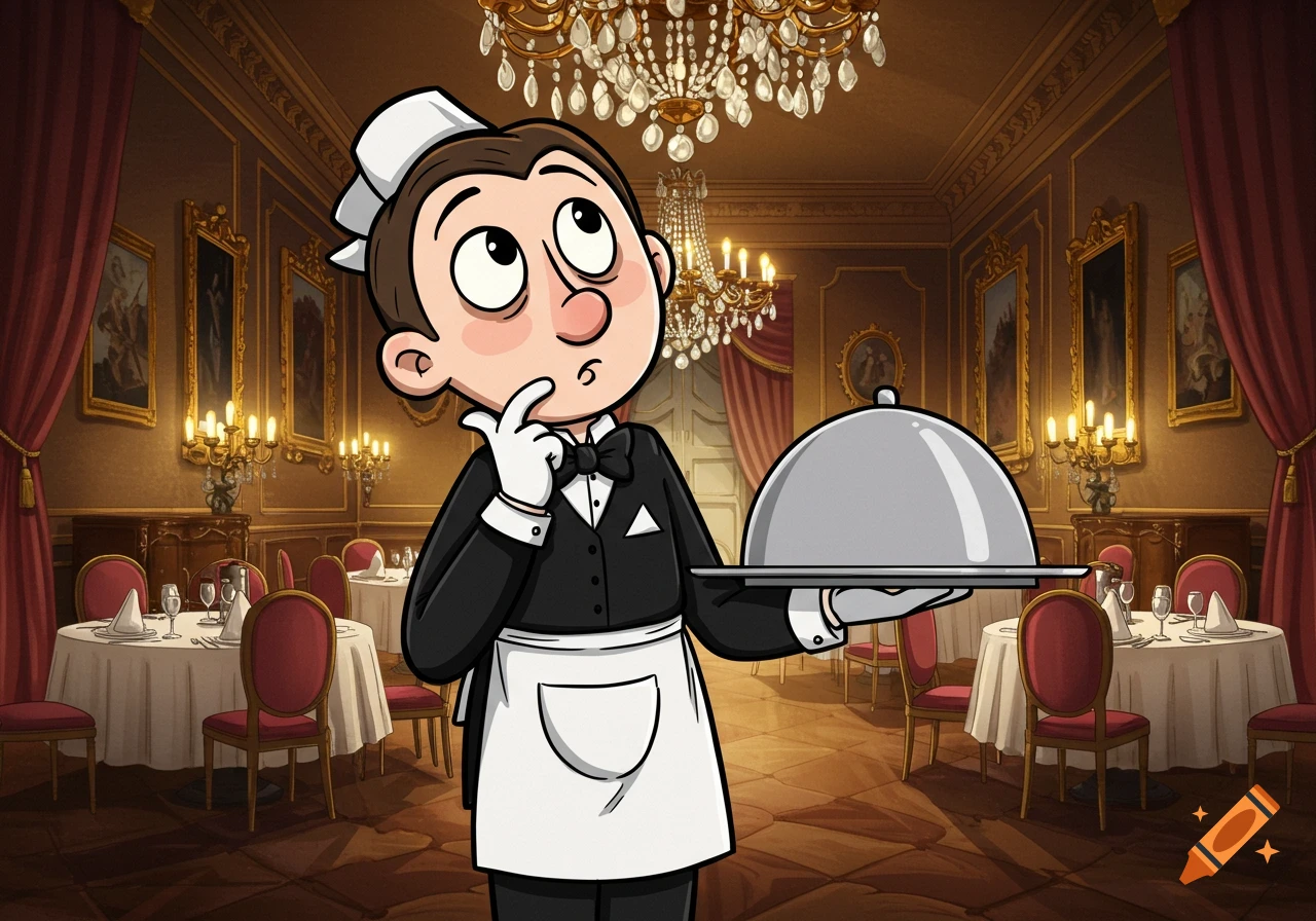A cartoon servant in a tuxedo and apron holds a covered serving tray, looking thoughtful in a lavish dining room.