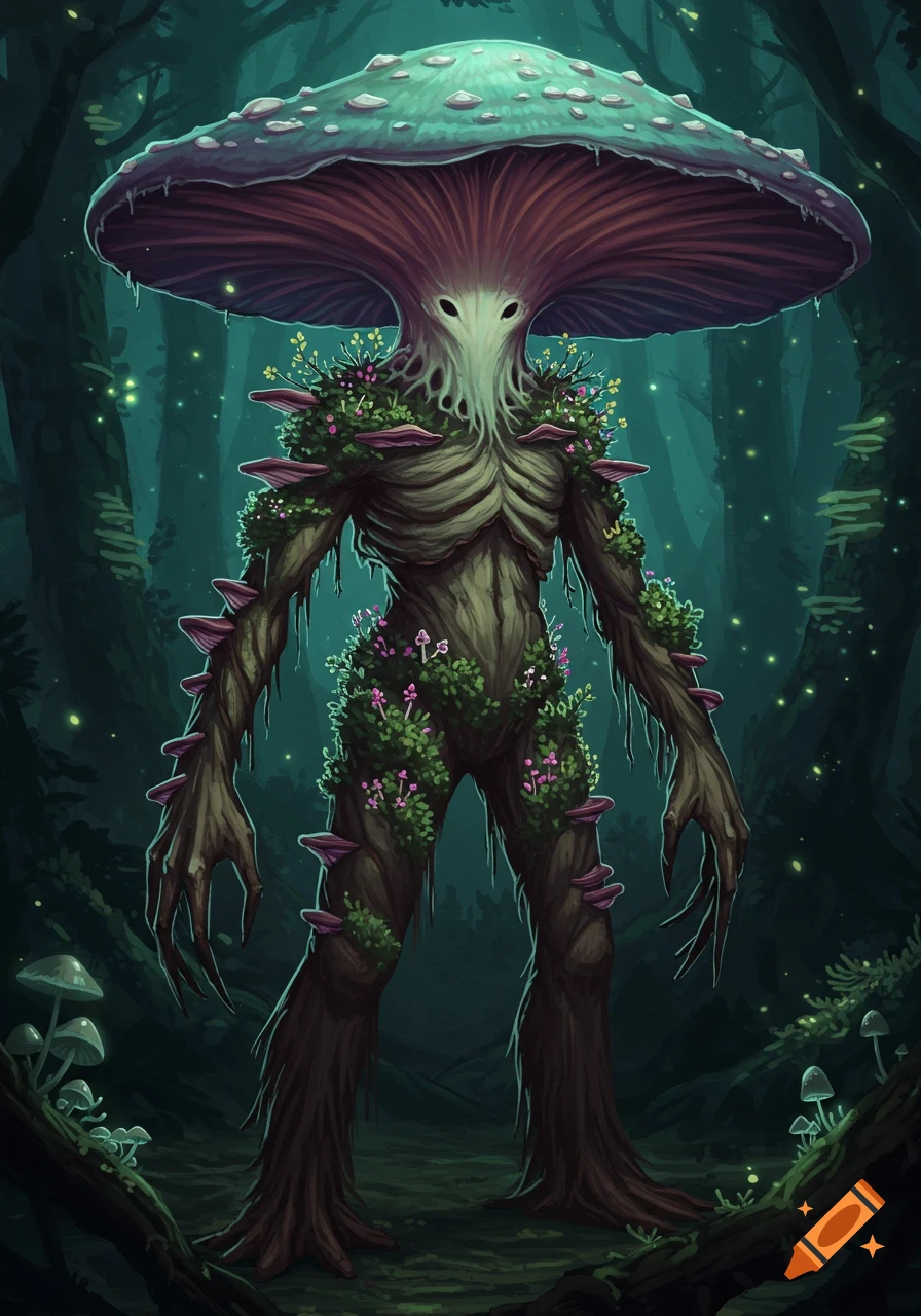 A fantasy humanoid creature with a large mushroom cap for a head, a tree-like body covered in moss and flowers, standing in a dark, glowing forest.