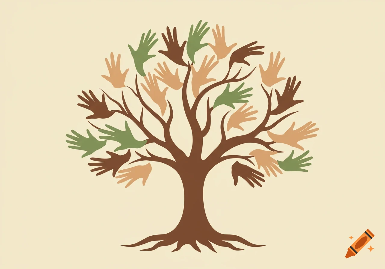 A stylized tree with hands of various skin tones as leaves, representing diversity and unity.