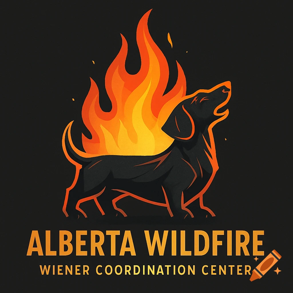 A dark logo featuring a silhouetted dachshund dog with orange and yellow flames rising from its back, above the text "ALBERTA WILDFIRE WIENER COORDINATION CENTER".