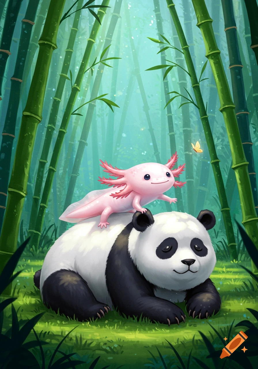 A cute pink axolotl rides on the back of a friendly panda in a vibrant green bamboo forest, with a small butterfly floating nearby. Illustration.