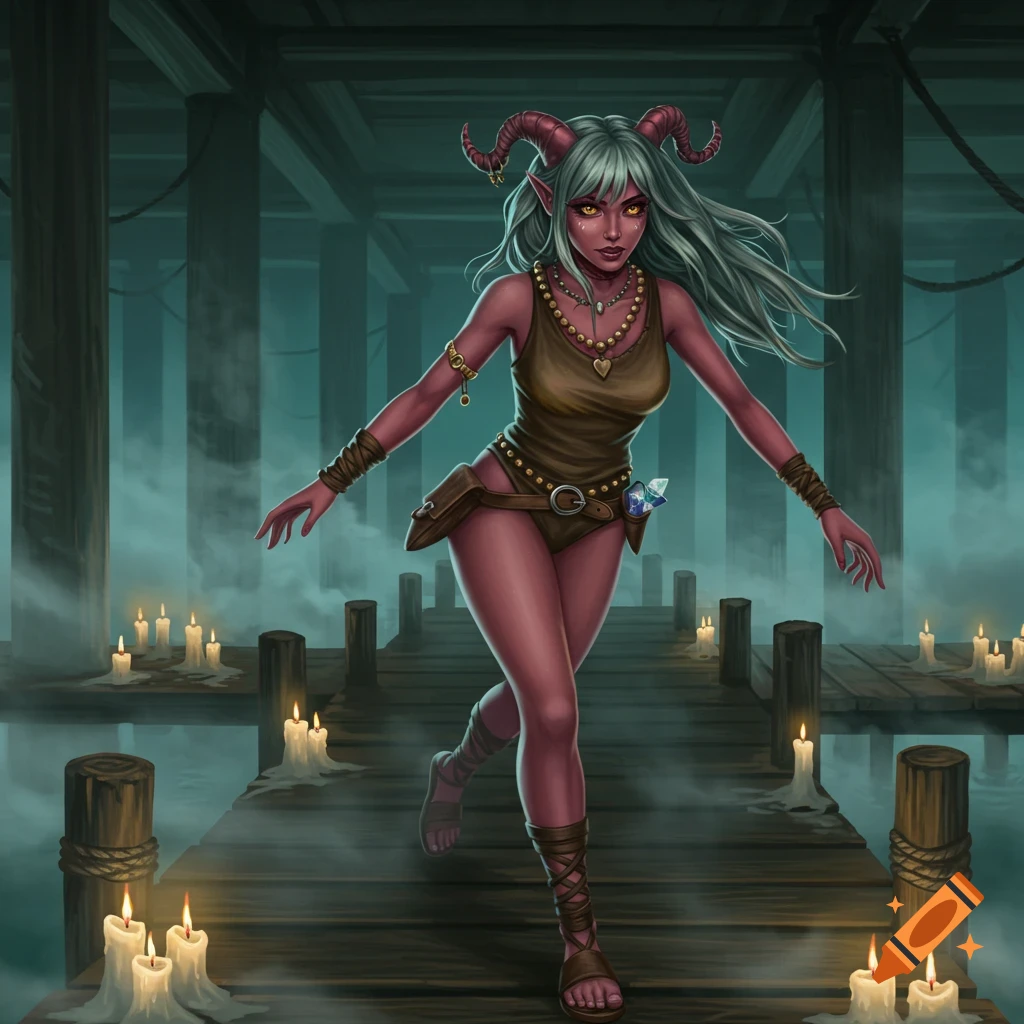 Agile female imp bandit with red skin, horns, and greenish-grey hair in a leotard, standing on a candle-lit wooden dock in a foggy dungeon.