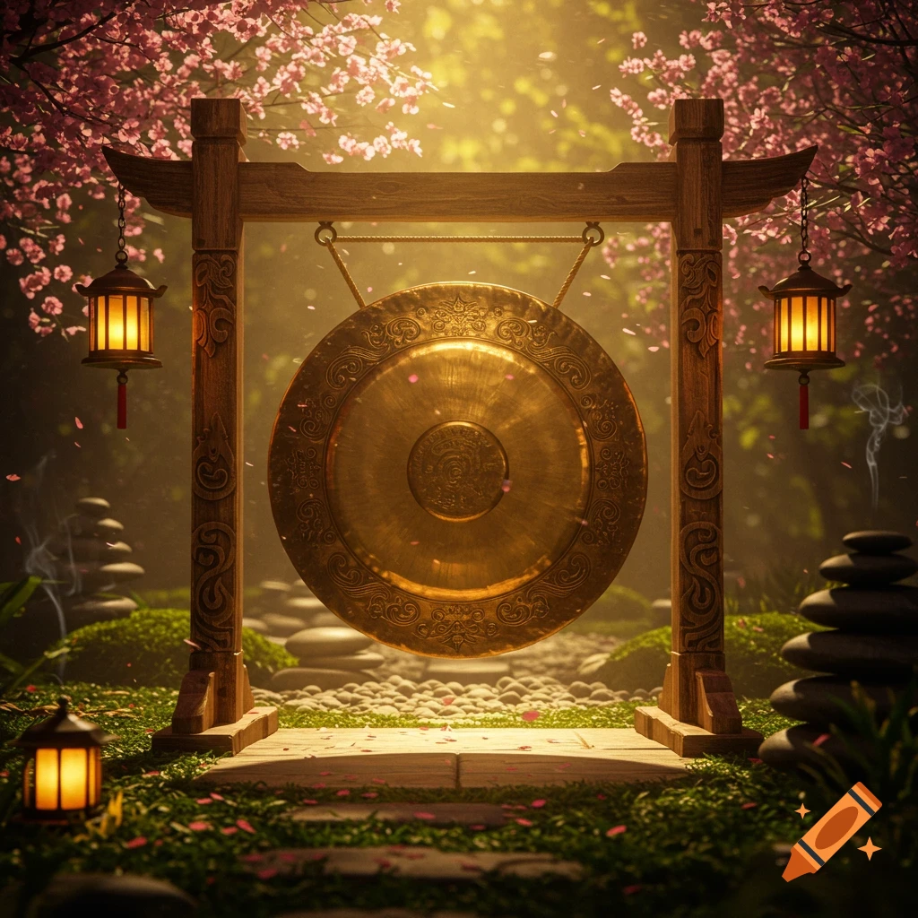 A Large Golden Gong Hangs From A Wooden Structure In A Serene Sunlit QopI7KTUT0uzf75SadhLdg.webp
