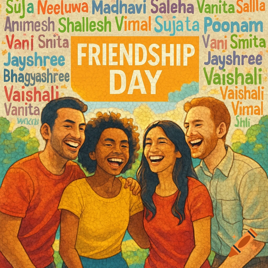 A stylized illustration of four diverse friends laughing together, with a background filled with colorful names and a large orange banner reading "FRIENDSHIP DAY."