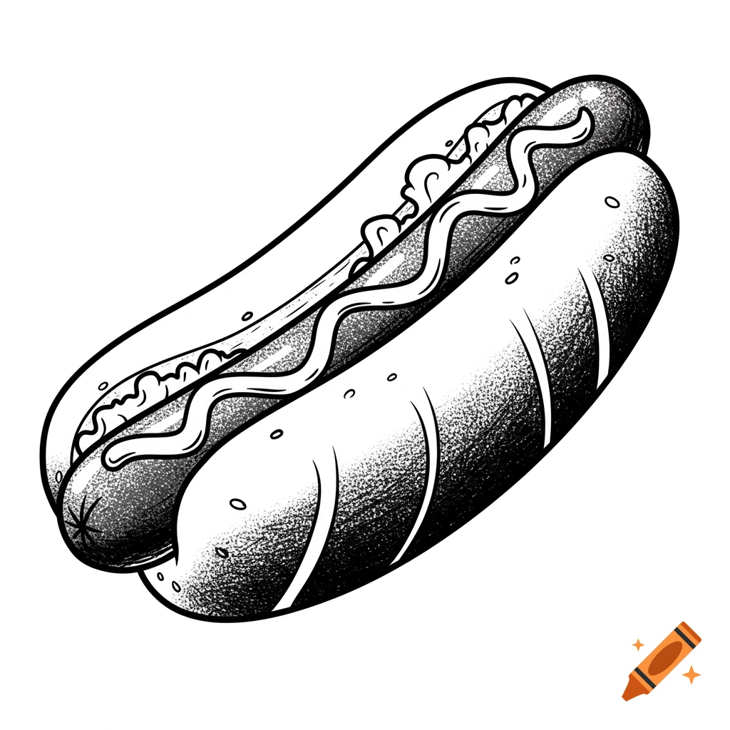A black and white line art illustration of a hot dog with mustard in a bun, in a tattoo style.