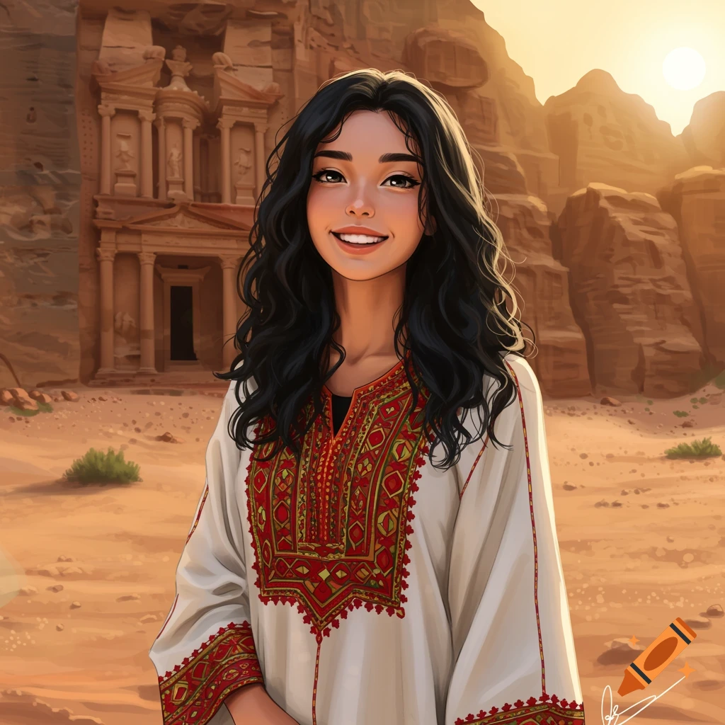 An illustration of a smiling young woman with long dark hair, wearing a traditional white and red embroidered dress, standing in front of the ancient city of Petra at sunset.